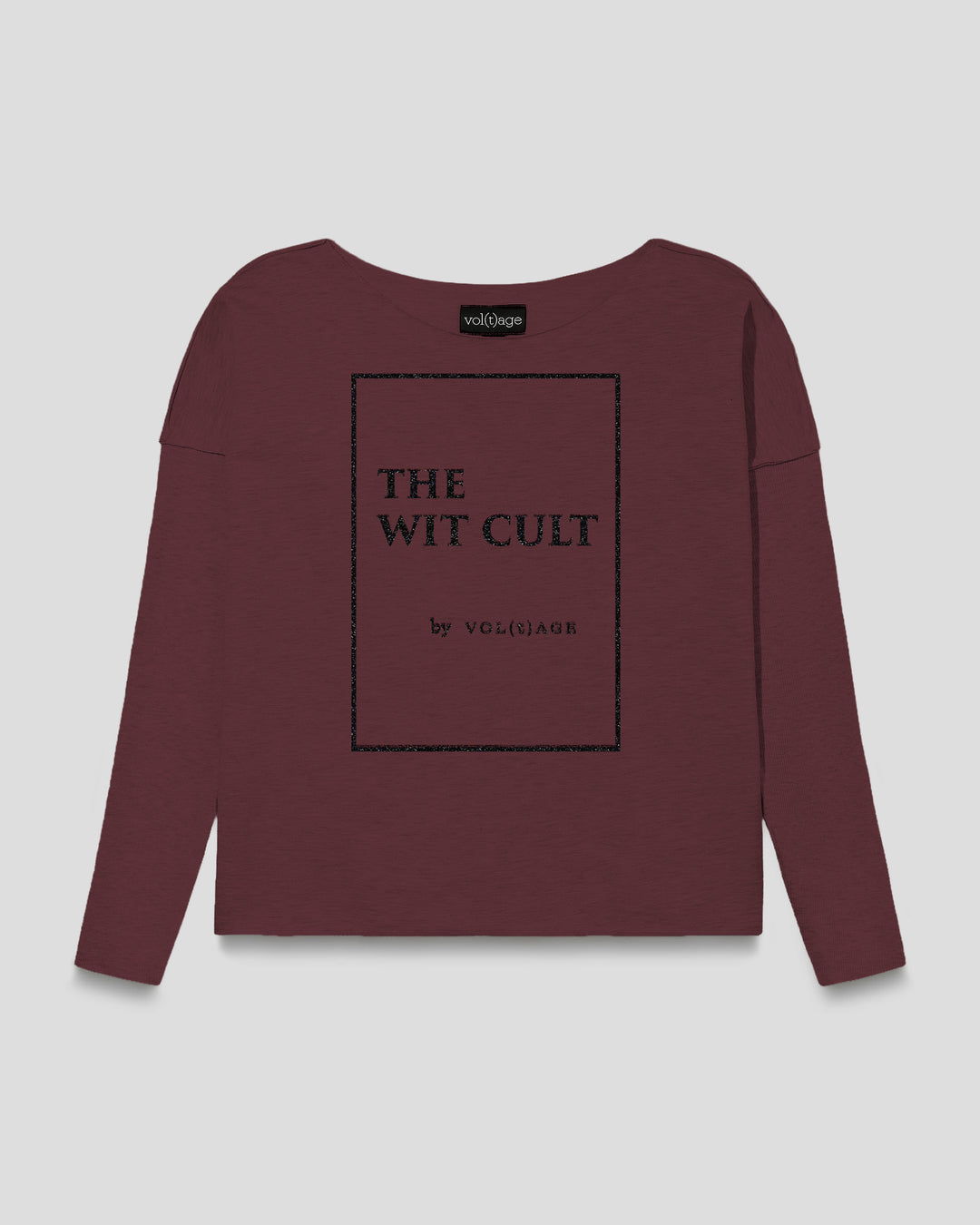 THE WIT CULT by vol(t)age relaxed smart-shirt in burgundy with framed title-page print in black glitter