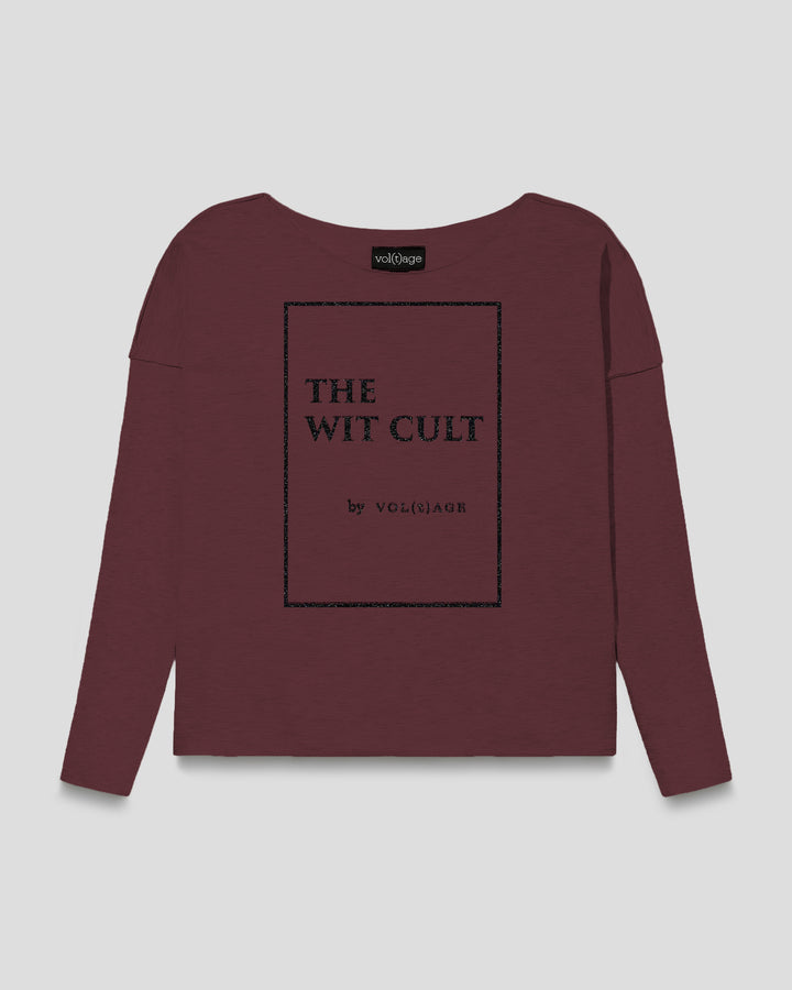 THE WIT CULT by vol(t)age relaxed smart-shirt in burgundy with framed title-page print in black glitter