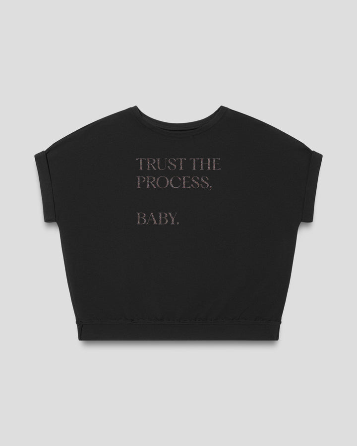 Trust The Process, Baby. fitted smart-tee in black with the statement in lush lavender letters, front view