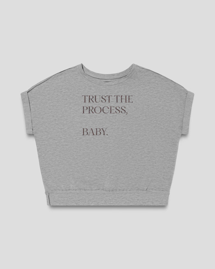 Trust The Process, Baby. fitted smart-tee in mid grey mélange with the statement in lush lavender letters, front view