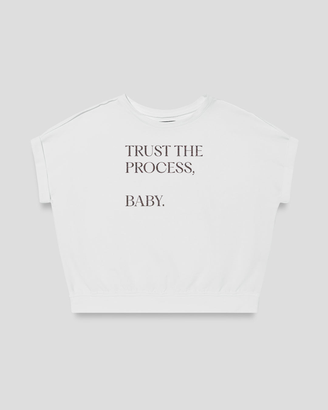 Trust The Process, Baby. fitted smart-tee in white with the statement in lush lavender letters, front view