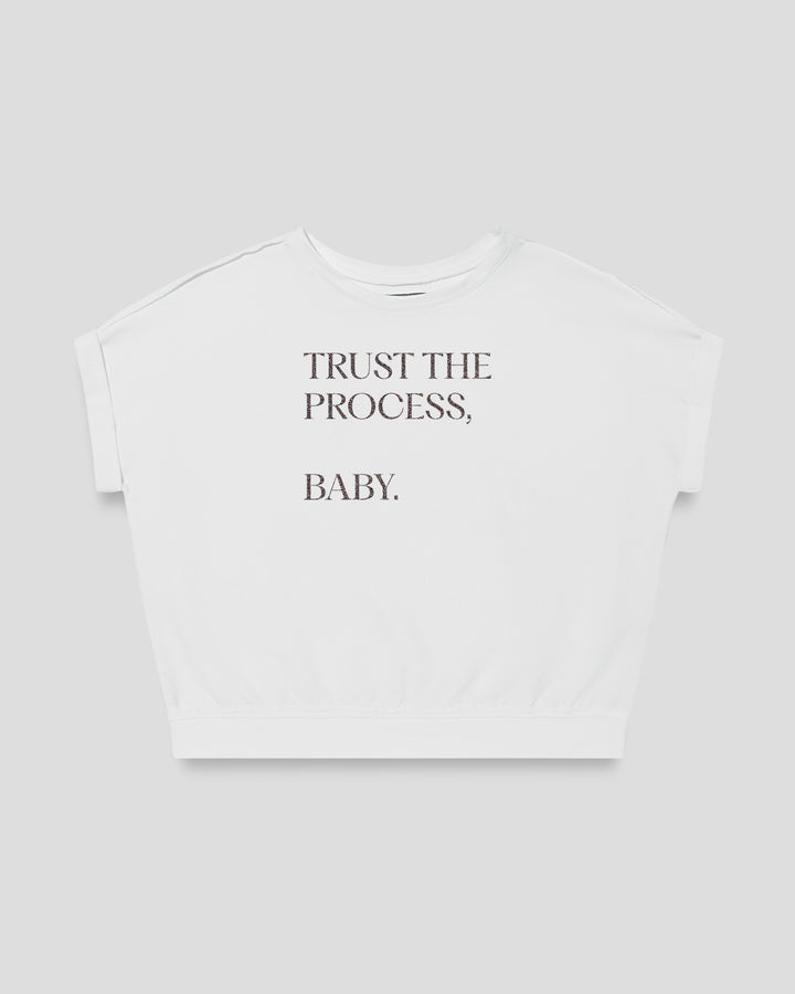 Trust The Process, Baby. fitted smart-tee in white with the statement in lush lavender letters, front view