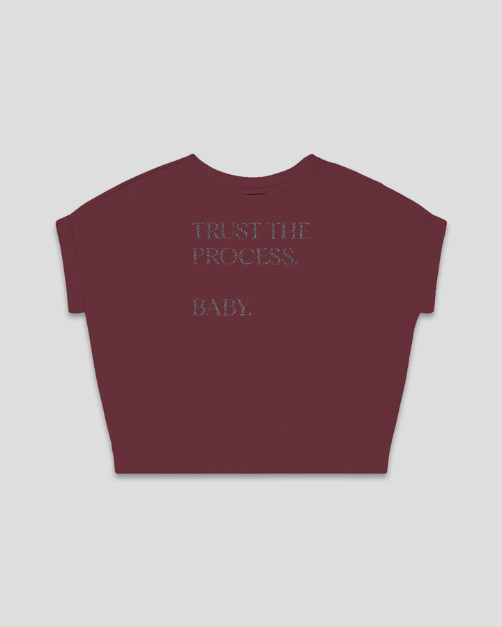 Trust The Process, Baby. fitted smart-tee in burgundy with the statement in lush lavender letters, front view