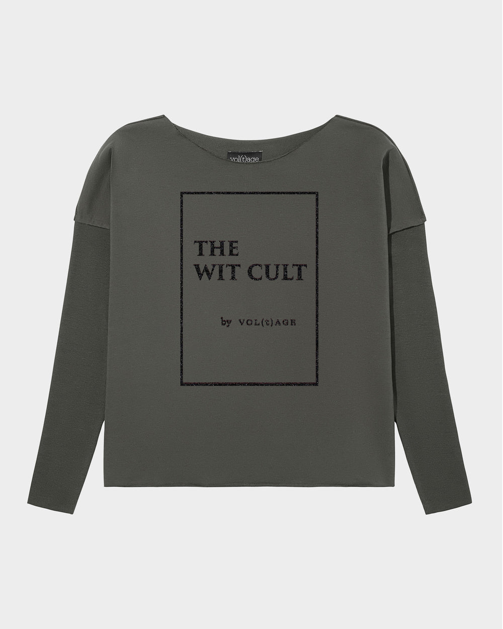 THE WIT CULT by vol(t)age relaxed smart-shirt in khaki green with framed title-page print in black glitter