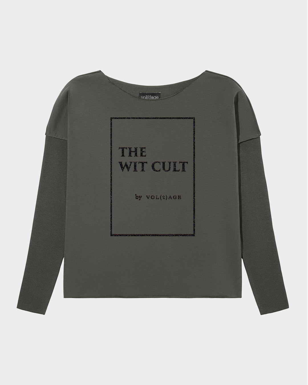 THE WIT CULT by vol(t)age relaxed smart-shirt in khaki green with framed title-page print in black glitter