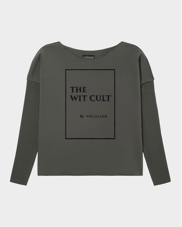 THE WIT CULT by vol(t)age relaxed smart-shirt in khaki green with framed title-page print in black glitter